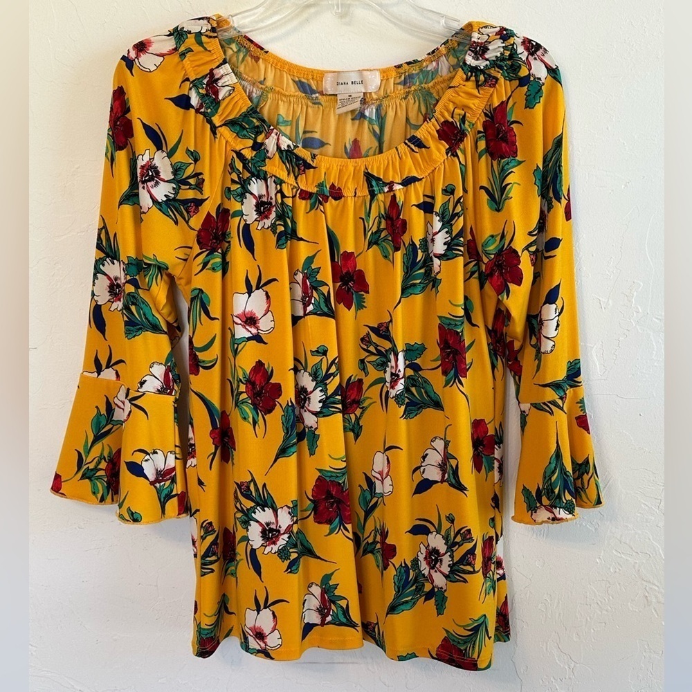 Diana Belle Scoop Neck Vibrant Yellow/Multi Floral Flare Sleeves Blouse Top Sz M